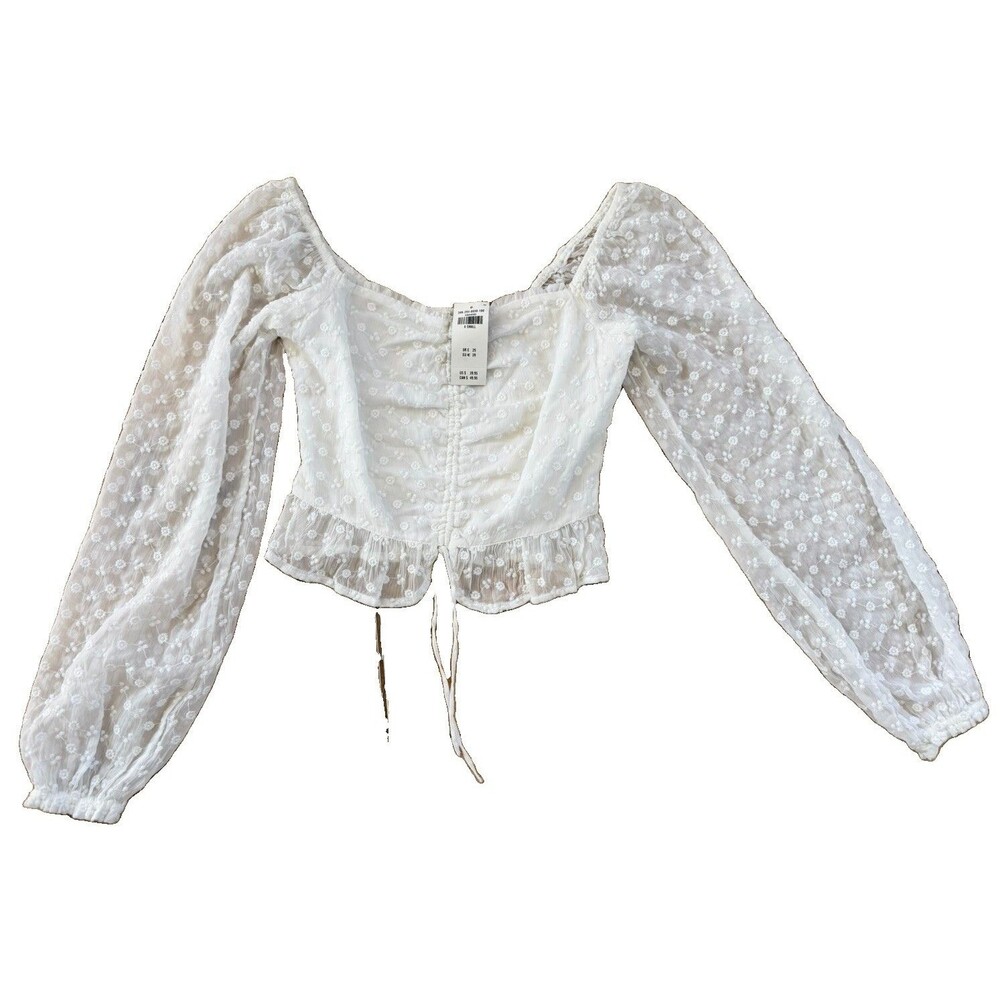 Hollister Smocked Peplum Top Women XS White Long Sleeve Cinched Front Stretch